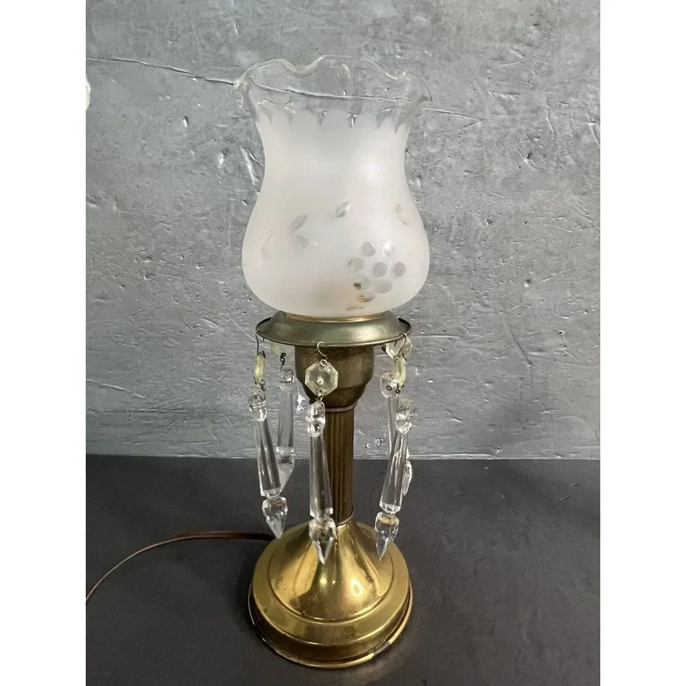 Vintage Astral Brass‎ Boudoir Lamp Crystal Prism Drops Glass Shade Electric